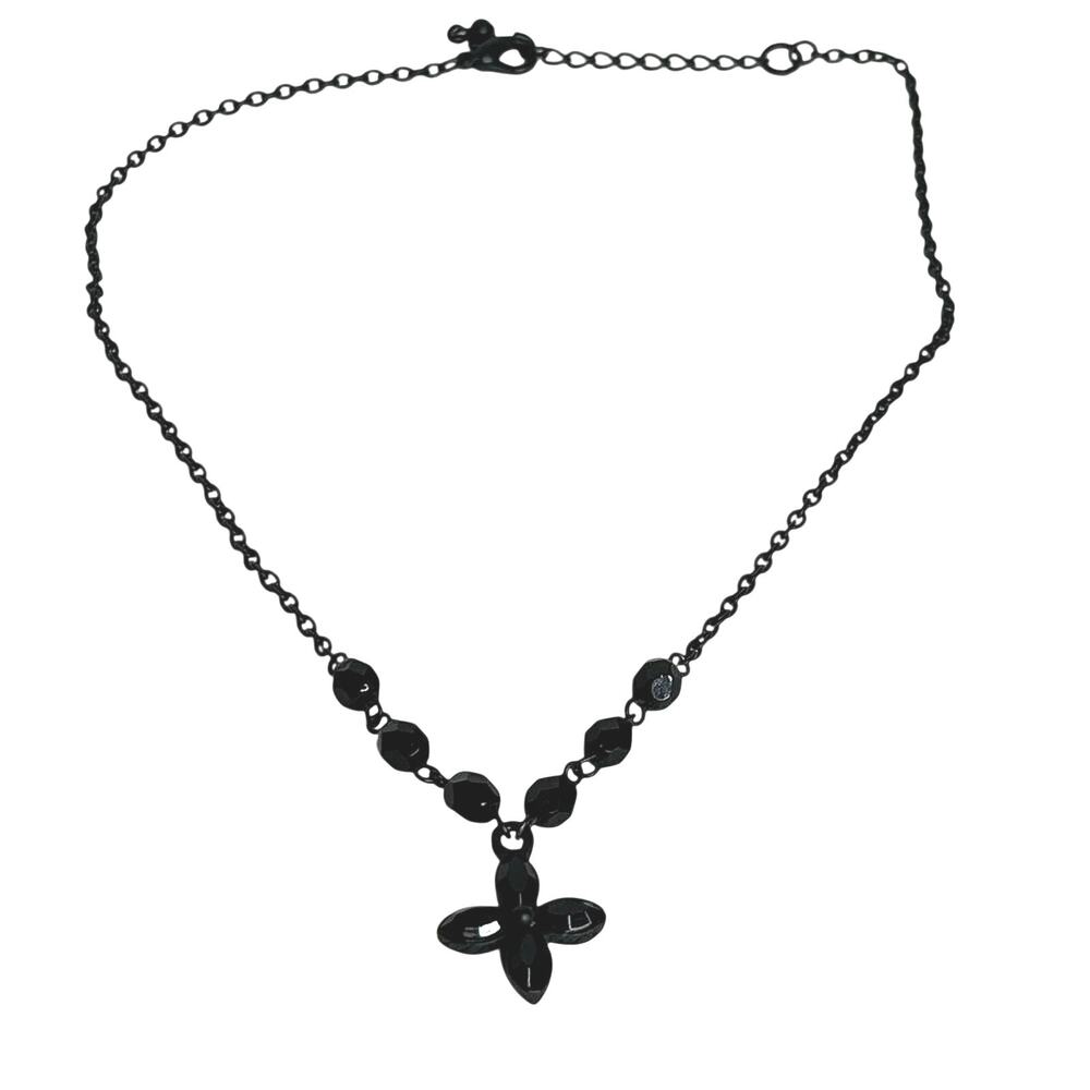 Black Beaded Pendant Necklace Dainty Gothic Floral Cross Adjustable 16-18”